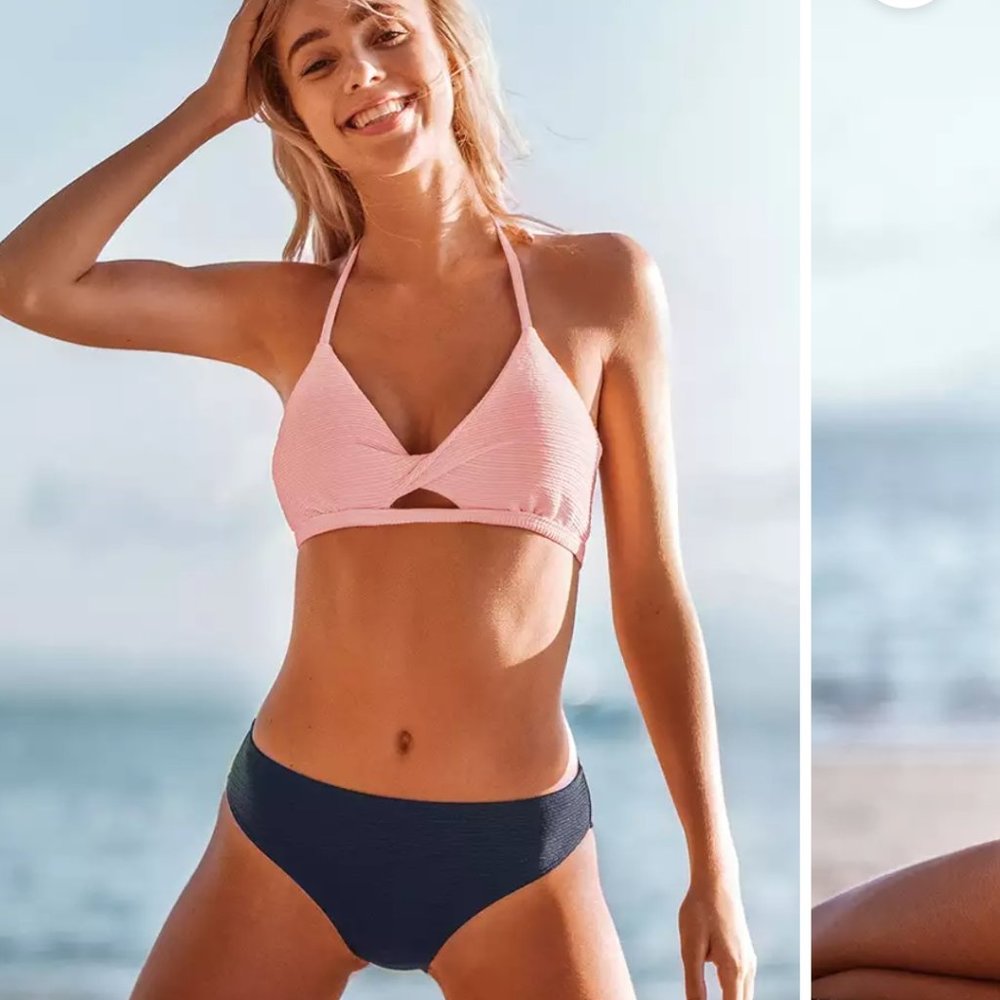 Textured pink and navy halter bikini